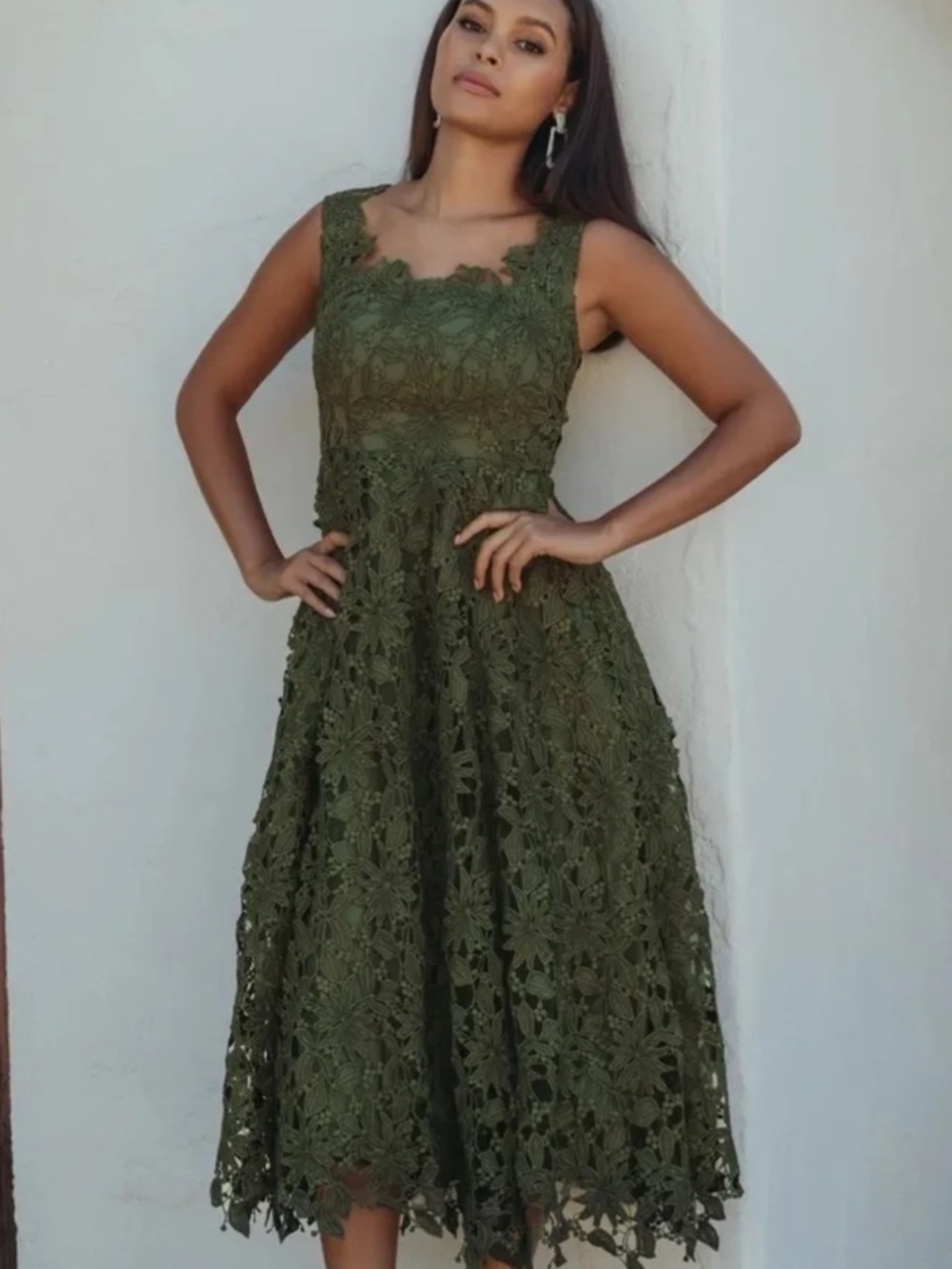 MAC DUGGALOlive Sleeveless Embroidered Lace A-Line Lace Cutwork Midi Dress EUC